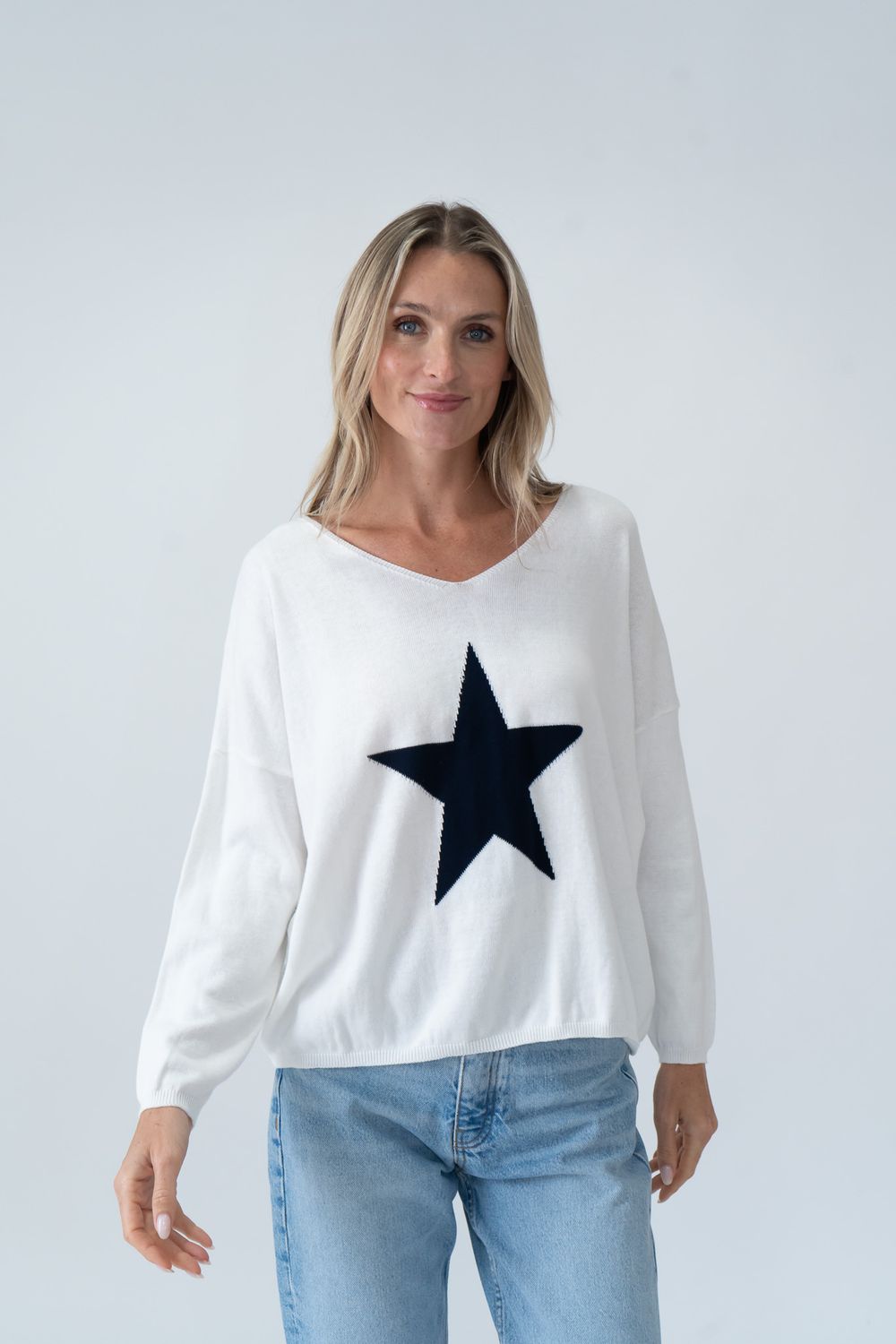 Sharon Navy/White Star Sweater Lightweight