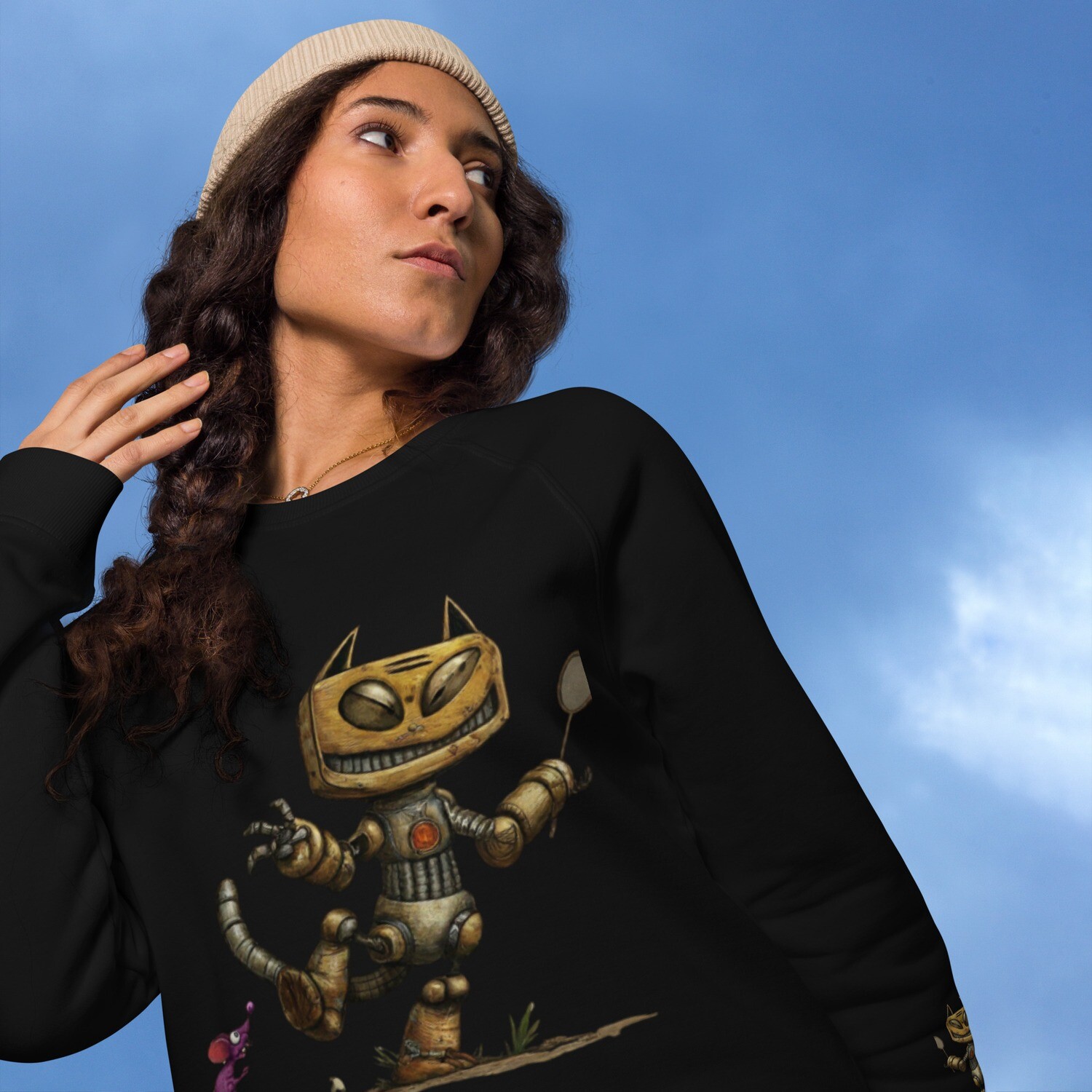 &quot;Tin Robot&quot; Print - Unisex Organic Raglan Sweatshirt