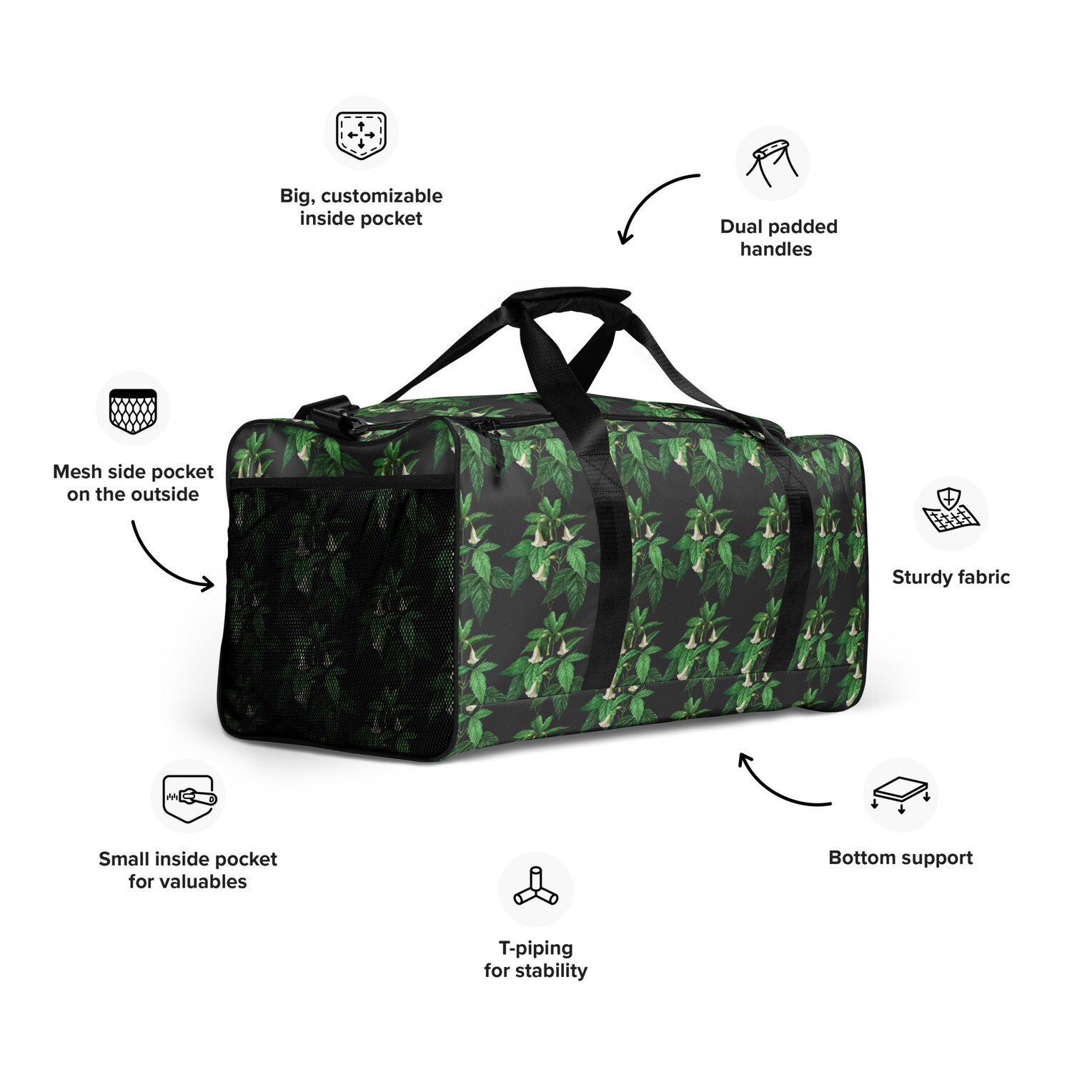 &quot;Green Foliage &amp; Bell Flowers&quot; Print Duffle bag