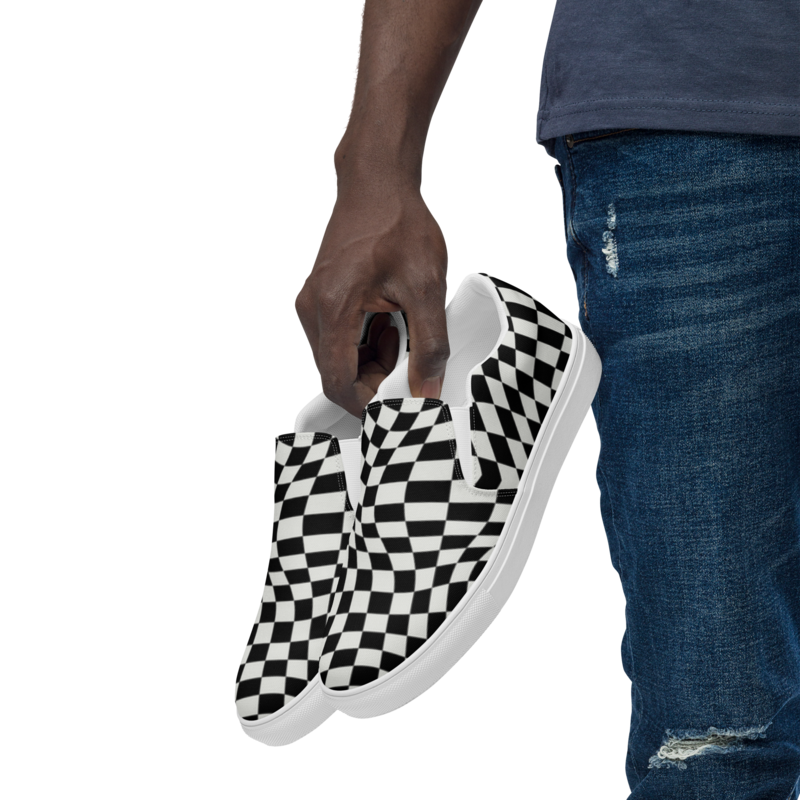 &quot;Wave Checkers- Black/White&quot;,  Men’s Slip-on Canvas Shoes