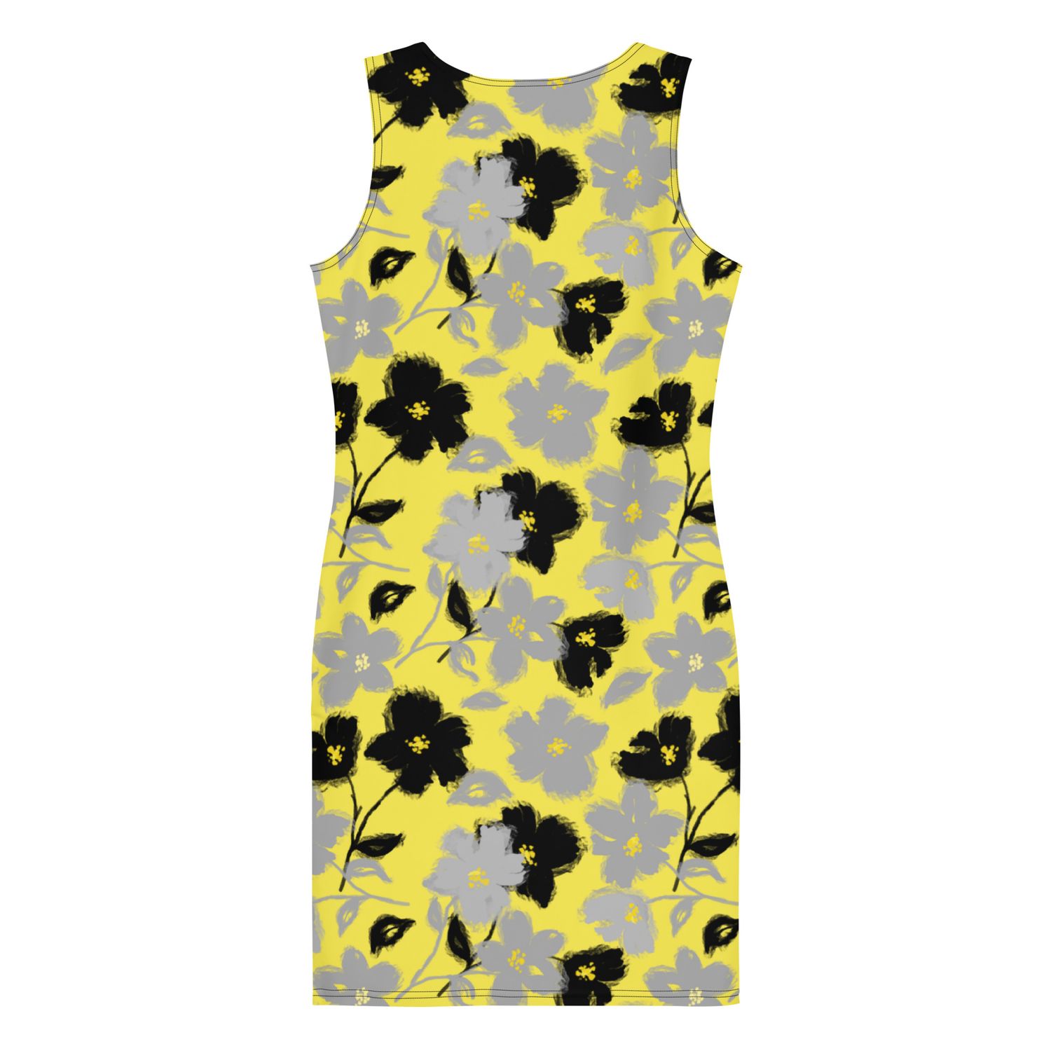 Sunny Floral Flair: Yellow Bodycon Mini Dress with Black and Silver Flowers