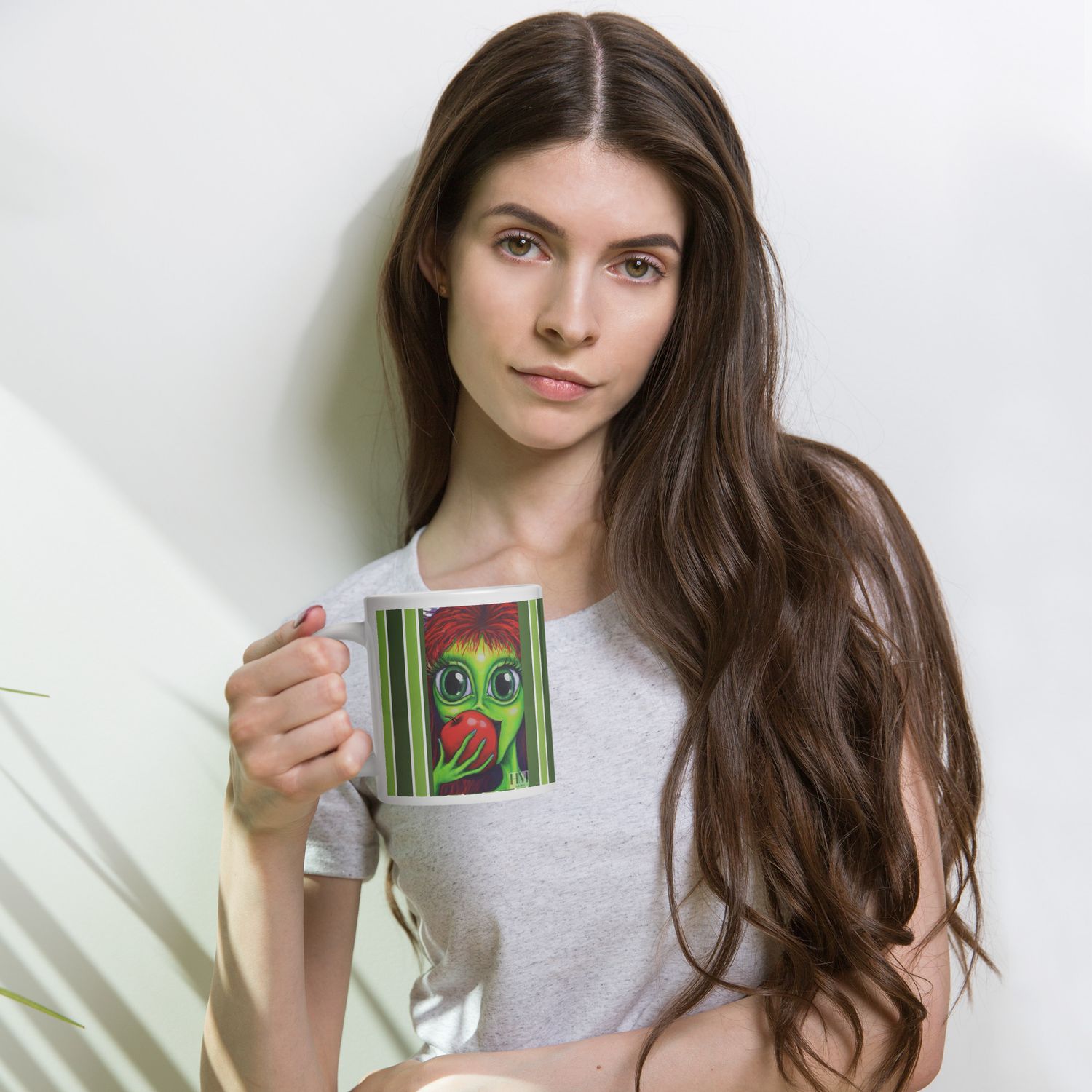 &quot;Big Eye Green Girl&quot; White Glossy Mug