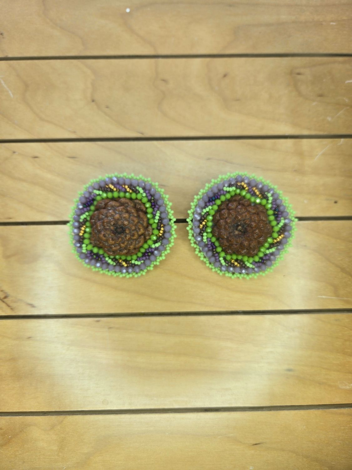 Speckled Butterbean Pinecone Beaded Earrings