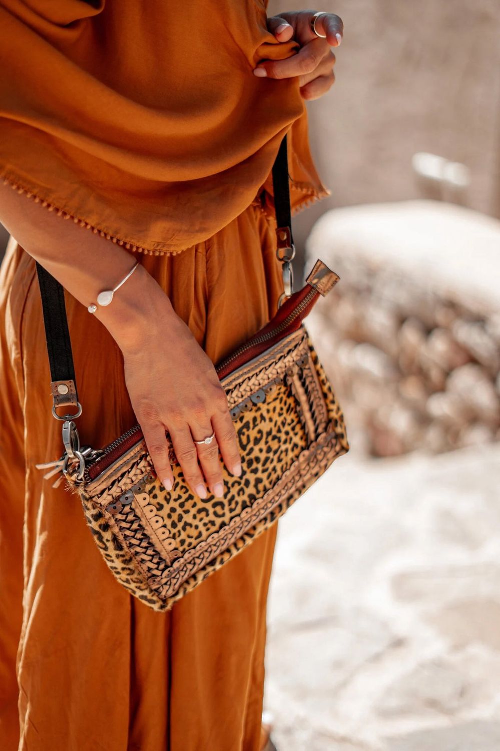 Leather Pouch Bag Leopard Beige