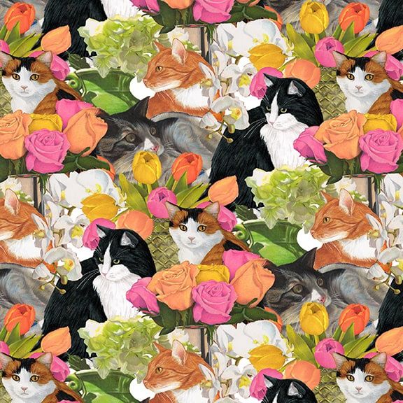 Whiskers Among Petals Allover Cats