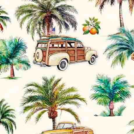 California Dreaming Palm Trees &amp; Cars-Ecru