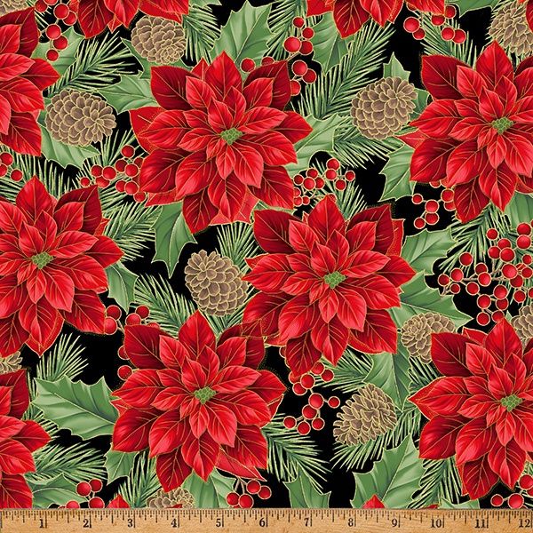 Holiday  Poinsettias Black/Gold