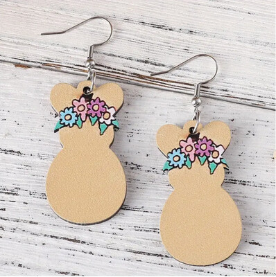 Rabbit Silhouette with flowers Wooden Dangle Earrings