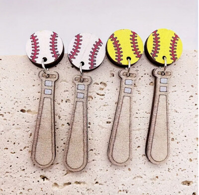 Wooden Baseball/Softball &amp; Bat Design Dangle Earrings