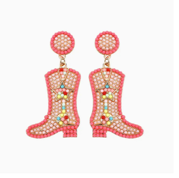 Cowgirl Boots Rice Bead Earrings, Style: Pink Star