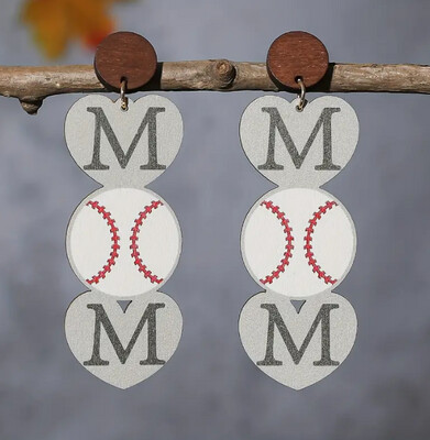 MOM Baseball Pattern Wooden Dangle Earrings