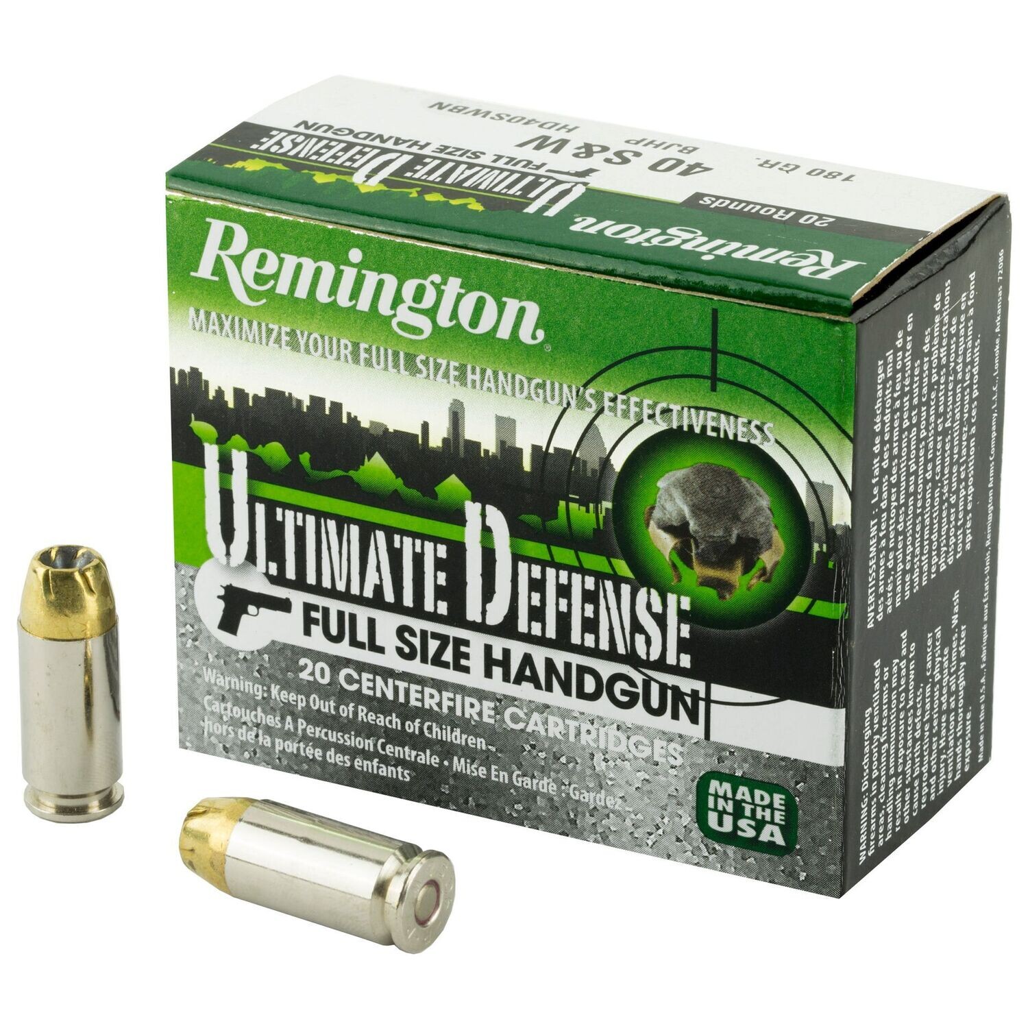 Remington, Ultimate Defense, 40S&W, 180 Grain, Brass Jacketed Hollow Point, 20 Round Box