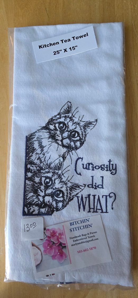 “Curiosity Did What?” Embroidered Kitchen Towel