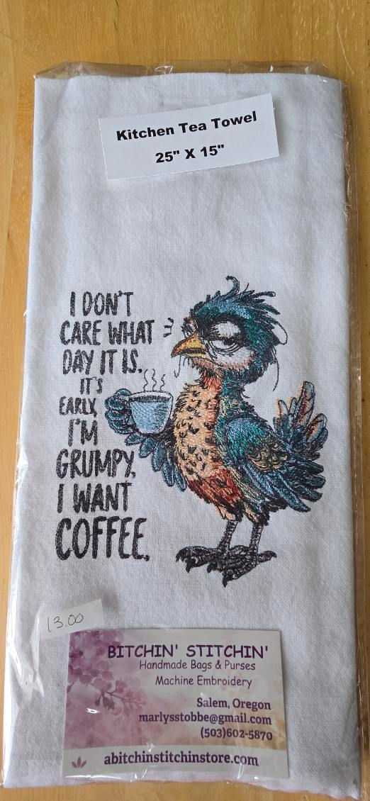 “I Want Coffee” Embroidered Kitchen Towel