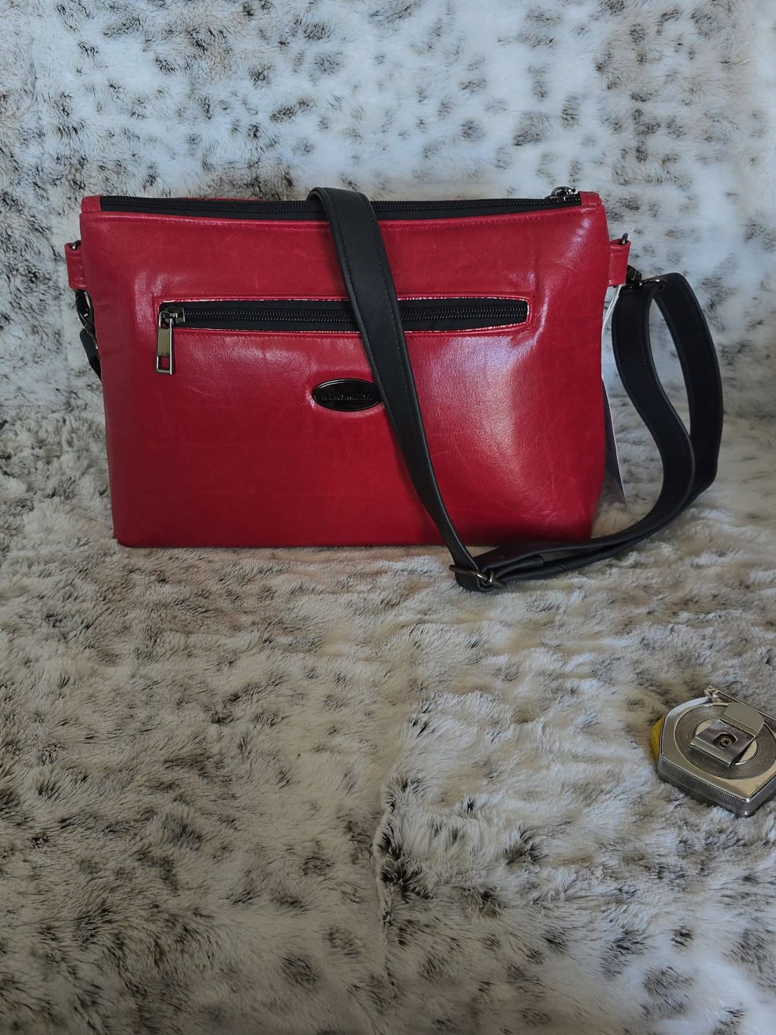 Red Leather Brooch Crossbody Purse