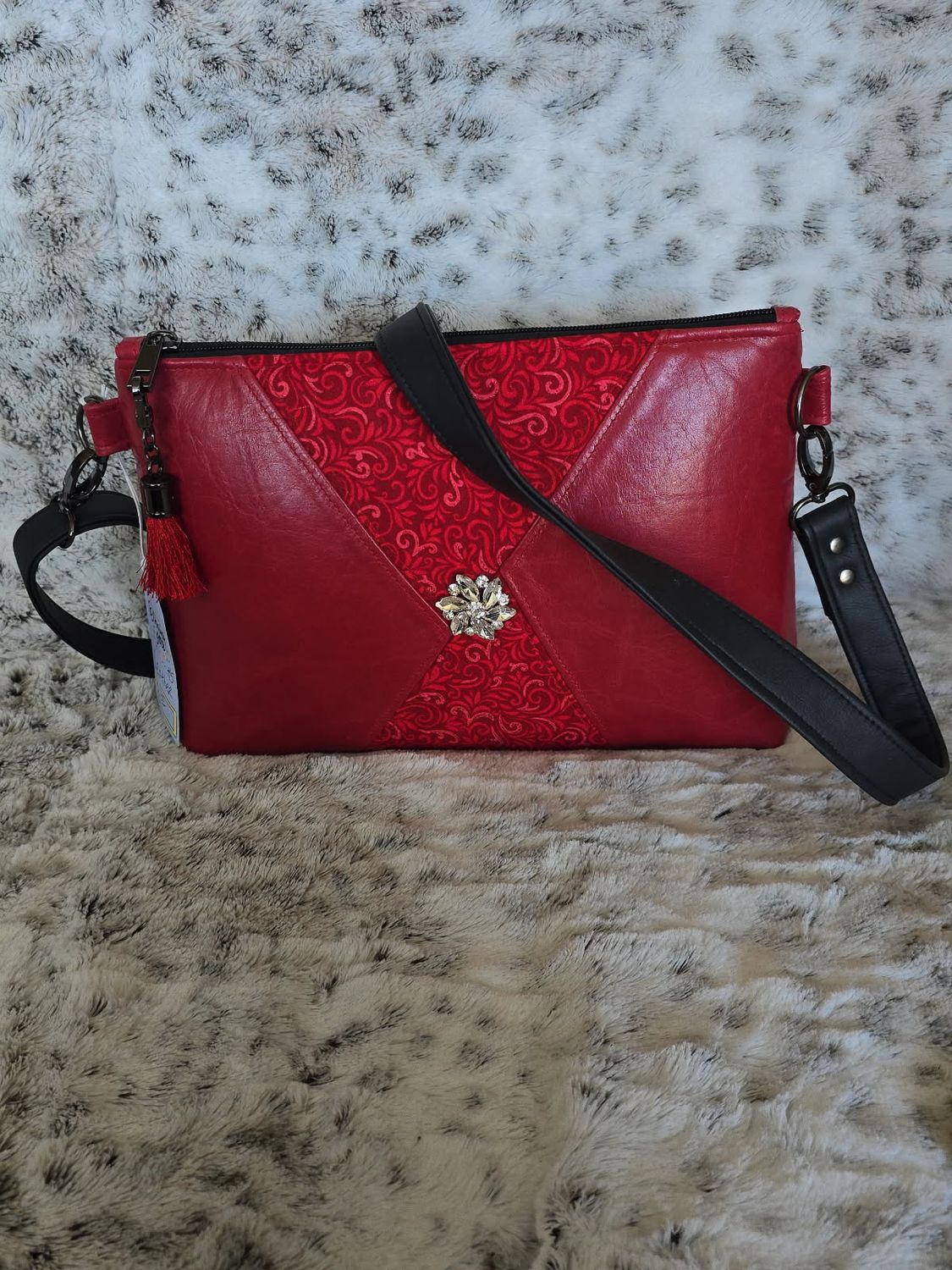 Red Leather Brooch Crossbody Purse