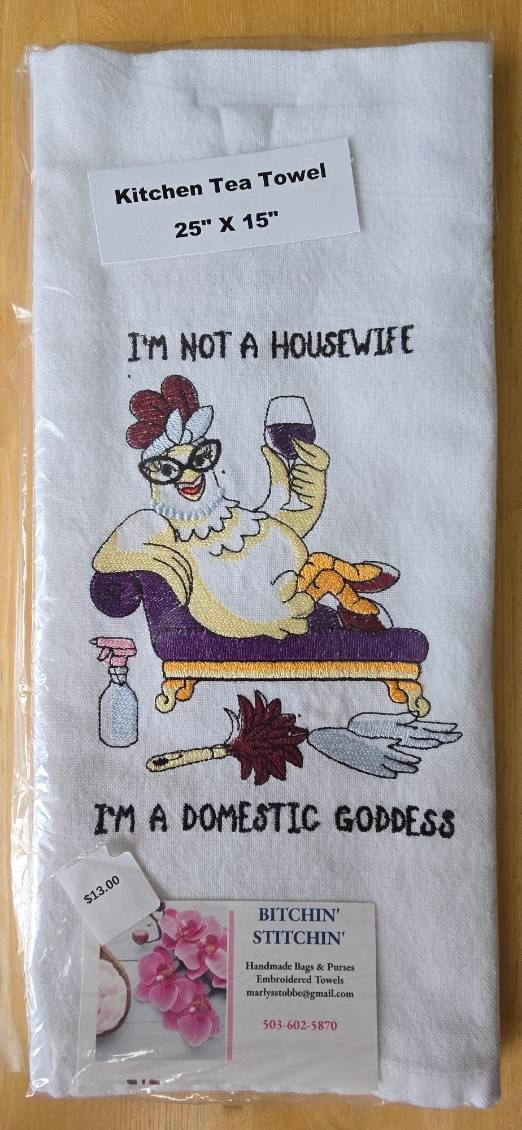 “Domestic Goddess” Embroidered Kitchen Towel