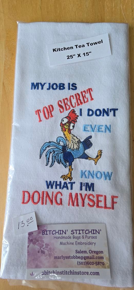 “My Job Is Top Secret” Embroidered Kitchen Towel