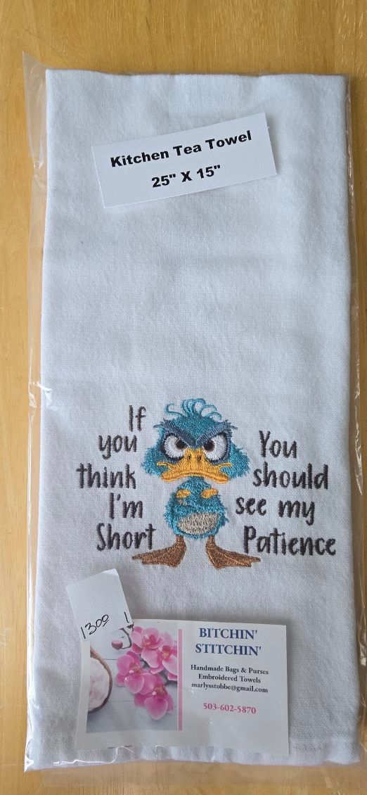 “Short Patience” Embroidered Kitchen Towel