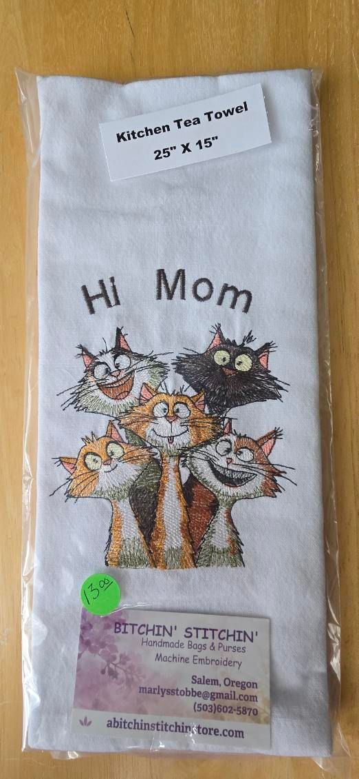 “Hi Mom” Cats Embroidered Kitchen Towel
