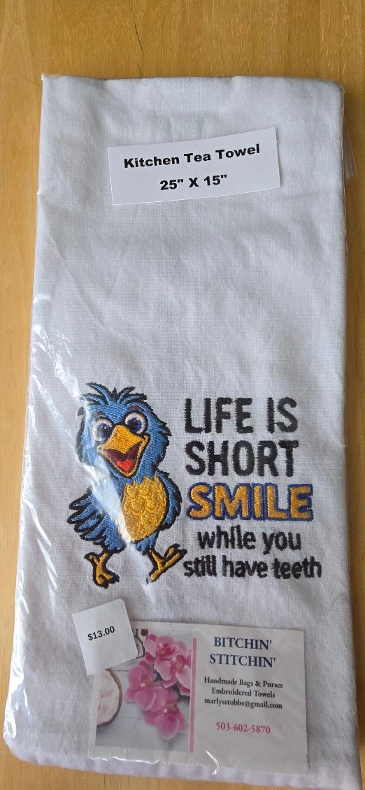 “Life Is Short, Smile” Bird Embroidered Kitchen Towel