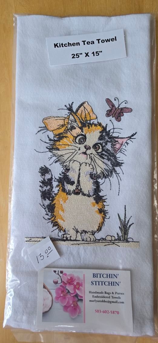 Curious Kitten &amp; Butterfly Embroidered Kitchen Towel