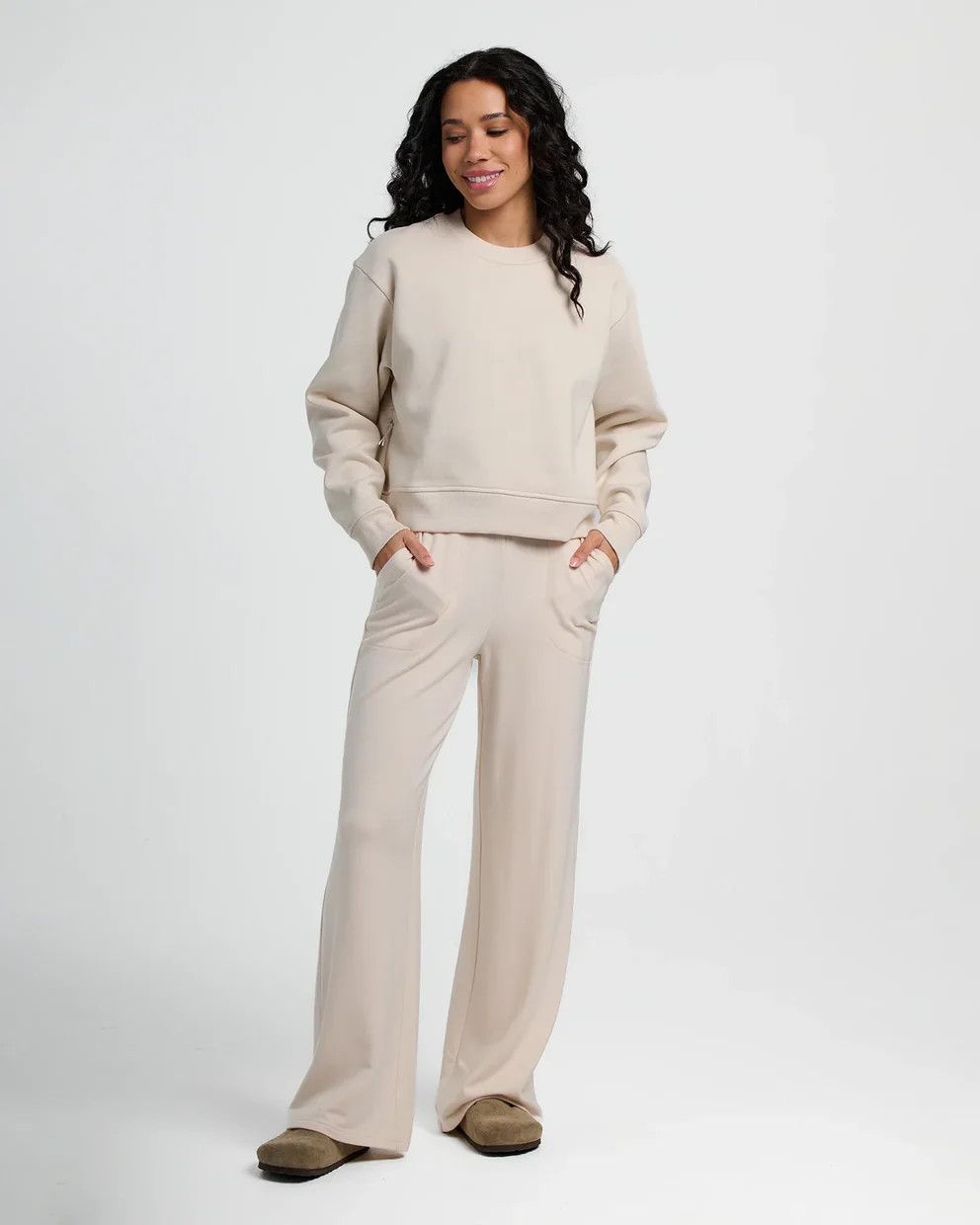 W Bamboo Lightweight Fleece Wide Leg Pant, Color: Stone, Size: XS