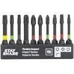 EAB Torsion Impact Rated Assorted SQ #1,2,2, PH #1,2,2,3 T20, T25, T30 X2&quot;, 10Pk