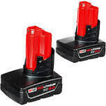 Milwaukee M12 3AH Batteries, 2Pk
