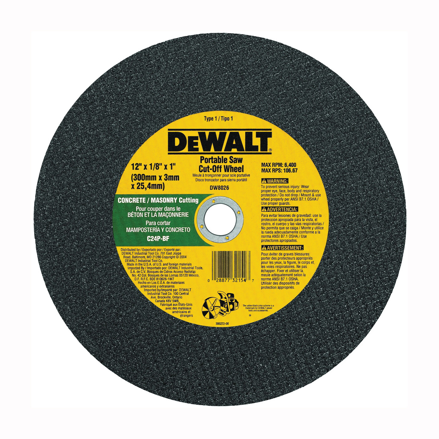 Dewalt DWA8034 Masonry Cutting Disc, 14&quot;X1/8&quot;X1&quot;