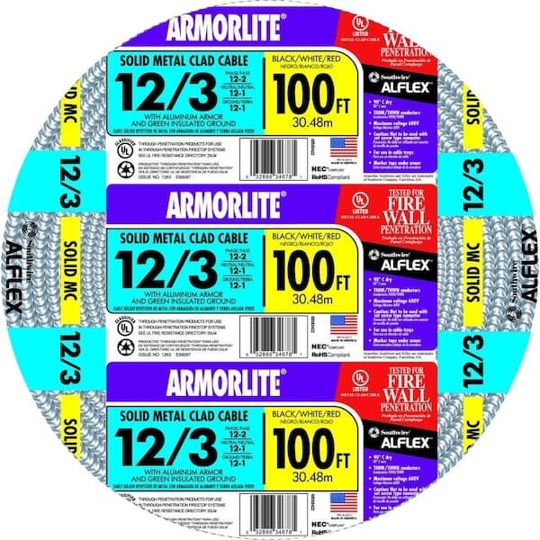 Southwire 68583423 Armorlite Building Wire, 12/3MC-BX X 100Ft