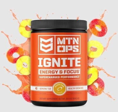 MTN OPS Ignite Energy Boost Peach Zing Dietary Supplement Drink Mix w/200mg Caffeine