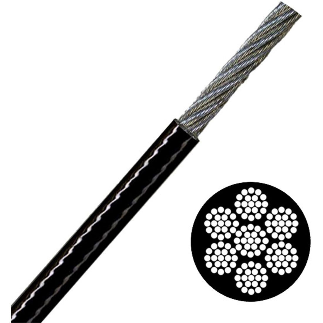 Black Vinyl Coated HDG 7X19 Cable, UV-Resist. 1/8&quot;