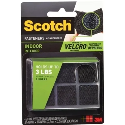 Scotch RF4721 Sq. Black Velcro Fasteners, 7/8&quot; Indoor, 12Pk