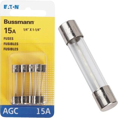 Bussman BP/AGC-15-RP Glass Tube Fuses, 15A, 5pk