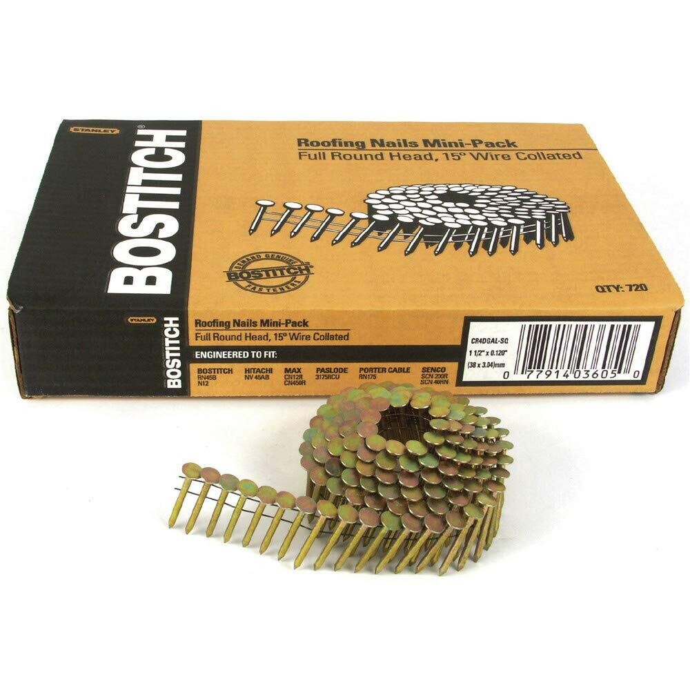 Bostitch CR4DGAL Galv Smooth Shank Coil Roofing Nails 1-1/2&quot;, 7200Bx