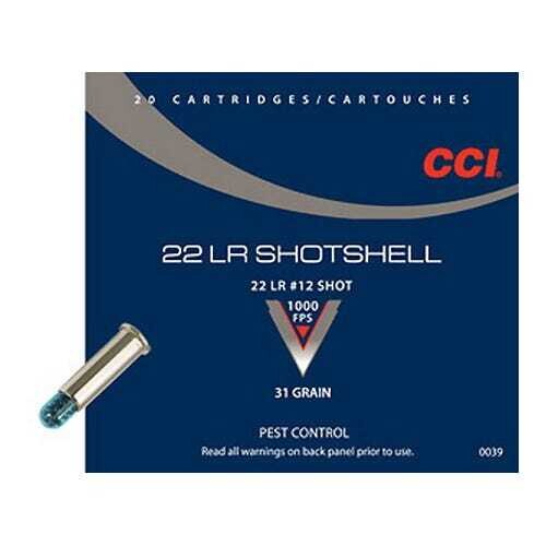 CCI Rimfire 22LR Birdshot Ammo, #12 Shot, 1000FPS, 20Ct