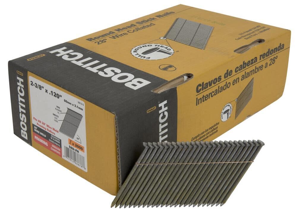 Bostitch S8D-FH Collated Smooth 28Deg. Framing Nails, 2-3/8&quot;, 2000Bx