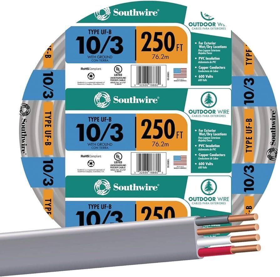 Southwire 10/3UF-WGX250 Building Wire, 10/3UF-w/G X 250Ft