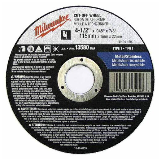 Milwaukee Hi-Speed Metal Cut-off Disc, 4-1/2&quot;X.045&quot;X7/8&quot;