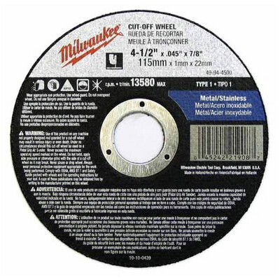 Milwaukee Hi-Speed Metal Cut-off Disc, 4-1/2&quot;X.045&quot;X7/8&quot;