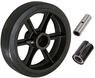 Rubber on Cast iron Wheel, 12&quot;X3&quot;, 1&quot; Rooler Bearing w/3/4&quot; Bushing