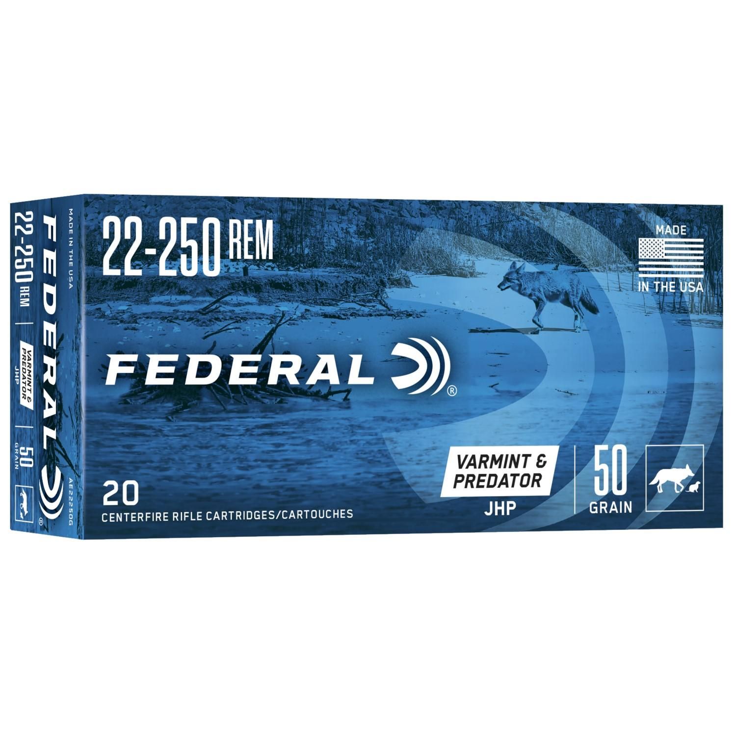 Federal Varmint &amp; Predator  .22-250 JHP Ammo, 50Gr, 3850FPS,  20Pk