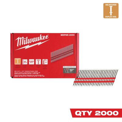 Milwaukee® 8D 2-1/4” x .131” Collated Duplex Nails, 2000Ct