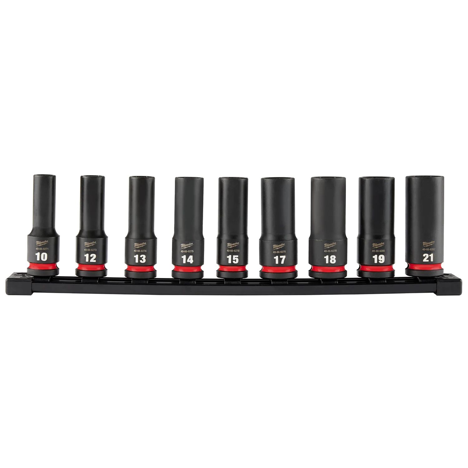 Milwaukee 9PC SHOCKWAVE Impact Duty™ 1/2&quot; Drive Metric Deep 6 Point Socket Set On a Rail