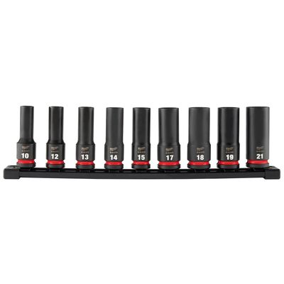 Milwaukee 9PC SHOCKWAVE Impact Duty™ 1/2&quot; Drive Metric Deep 6 Point Socket Set On a Rail