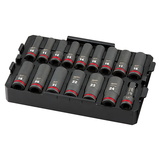 Milwaukee 15PC Shockwave® 1/2 DR Deep Metric Impact Socket Set in Tray, 10 to 24mm