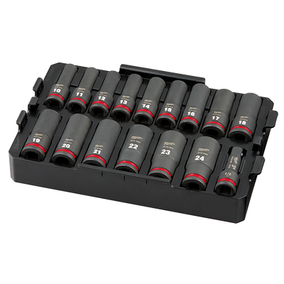 Milwaukee 15PC Shockwave® 1/2 DR Deep Metric Impact Socket Set in Tray, 10 to 24mm