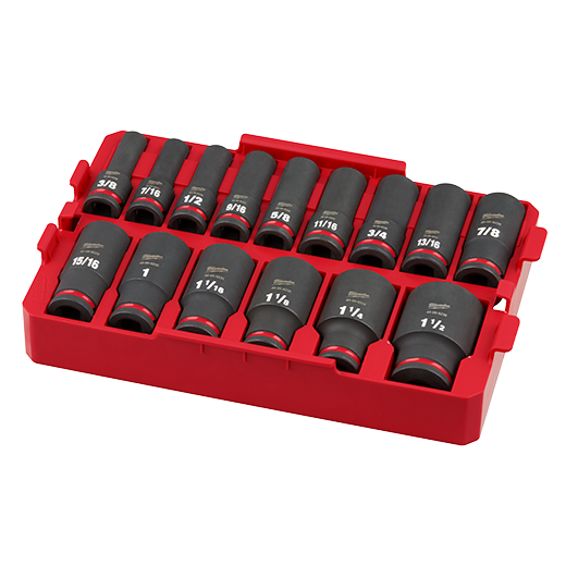Milwaukee 15PC Shockwave® 1/2 DR Deep SAE Impact Socket Set in Tray, 3/8&quot; to 1-1/2&quot;