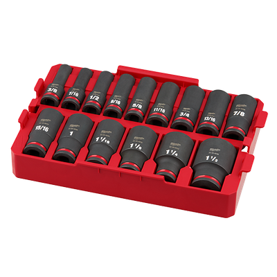 Milwaukee 15PC Shockwave® 1/2 DR Deep SAE Impact Socket Set in Tray, 3/8&quot; to 1-1/2&quot;